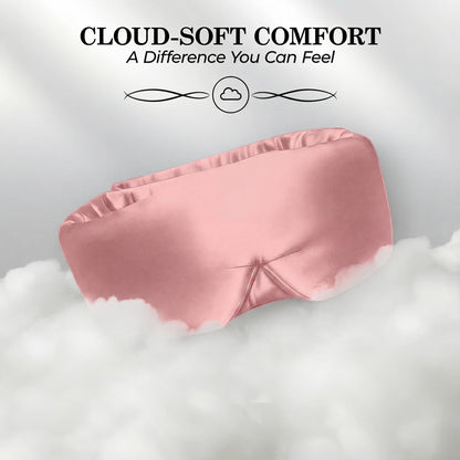 Pink wide sleep mask resting on white cloudlike fluff beneath "Cloud-Soft Comfort".