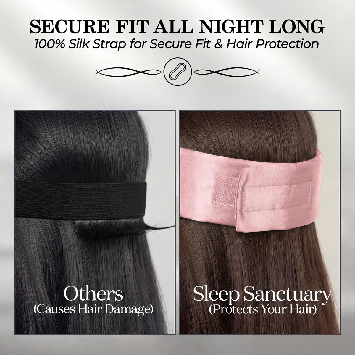 Side by side view of hair under a plain black strap and a pink wide adjustable fastening sleep mask strap beneath "Secure Fit All Night Long".