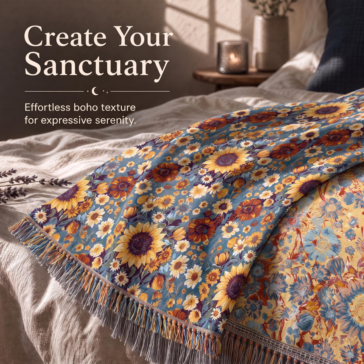 Blue and yellow small floral fringed throw spread across a bed with its contrasting reverse folded back beneath "Create Your Sanctuary".