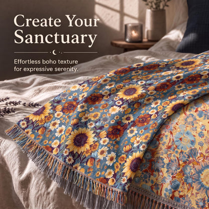 Blue and yellow small floral fringed throw spread across a bed with its contrasting reverse folded back beneath "Create Your Sanctuary".