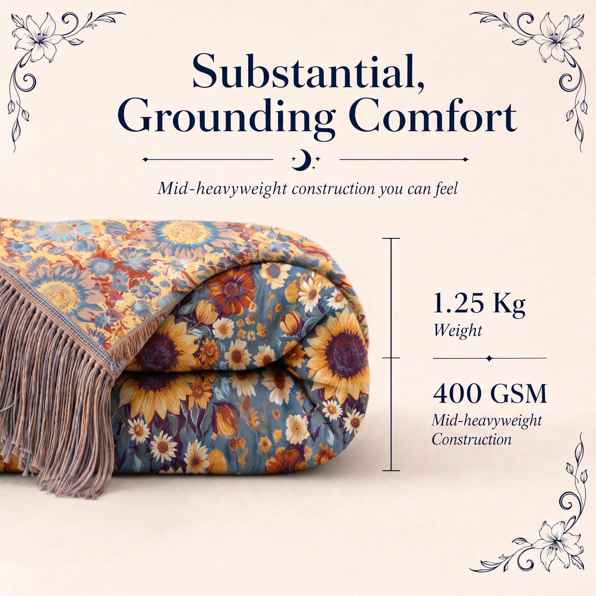 Folded blue and yellow small floral fringed throw in a "Substantial, Grounding Comfort" graphic labeled 1.25 kg and 400 GSM.