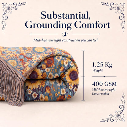 Folded blue and yellow small floral fringed throw in a "Substantial, Grounding Comfort" graphic labeled 1.25 kg and 400 GSM.