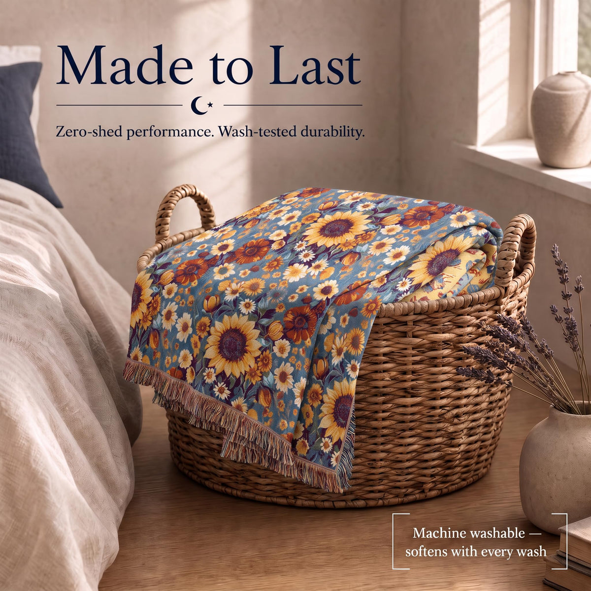 Blue and yellow small floral fringed throw draped over a wicker laundry basket beneath "Made to Last".