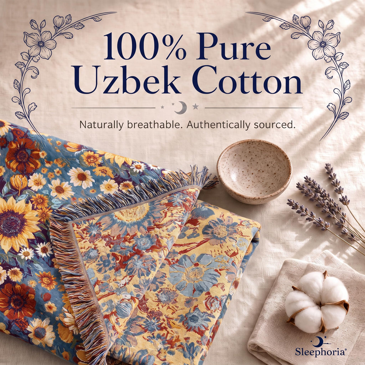 Blue and yellow small floral reversible fringed throw on cream fabric beside a bowl, cotton boll and lavender, with a printed 100% Pure Uzbek Cotton heading.