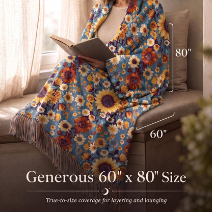 Person reading while wrapped in a blue and yellow small floral fringed throw, with size arrows labeled 60 by 80 inches.