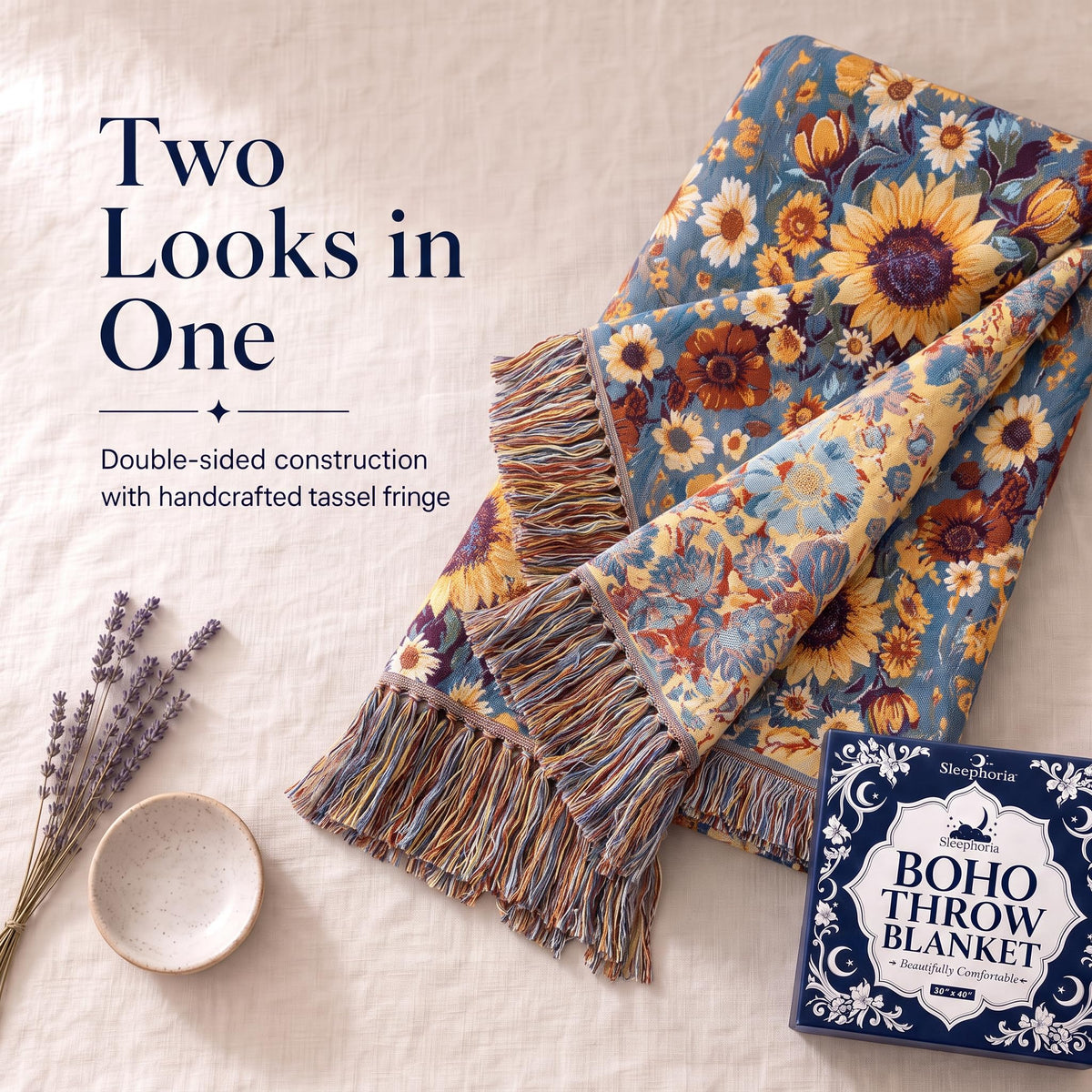 Folded corner of a blue and yellow small floral throw showing its contrasting reverse and fringe beneath "Two Looks in One".