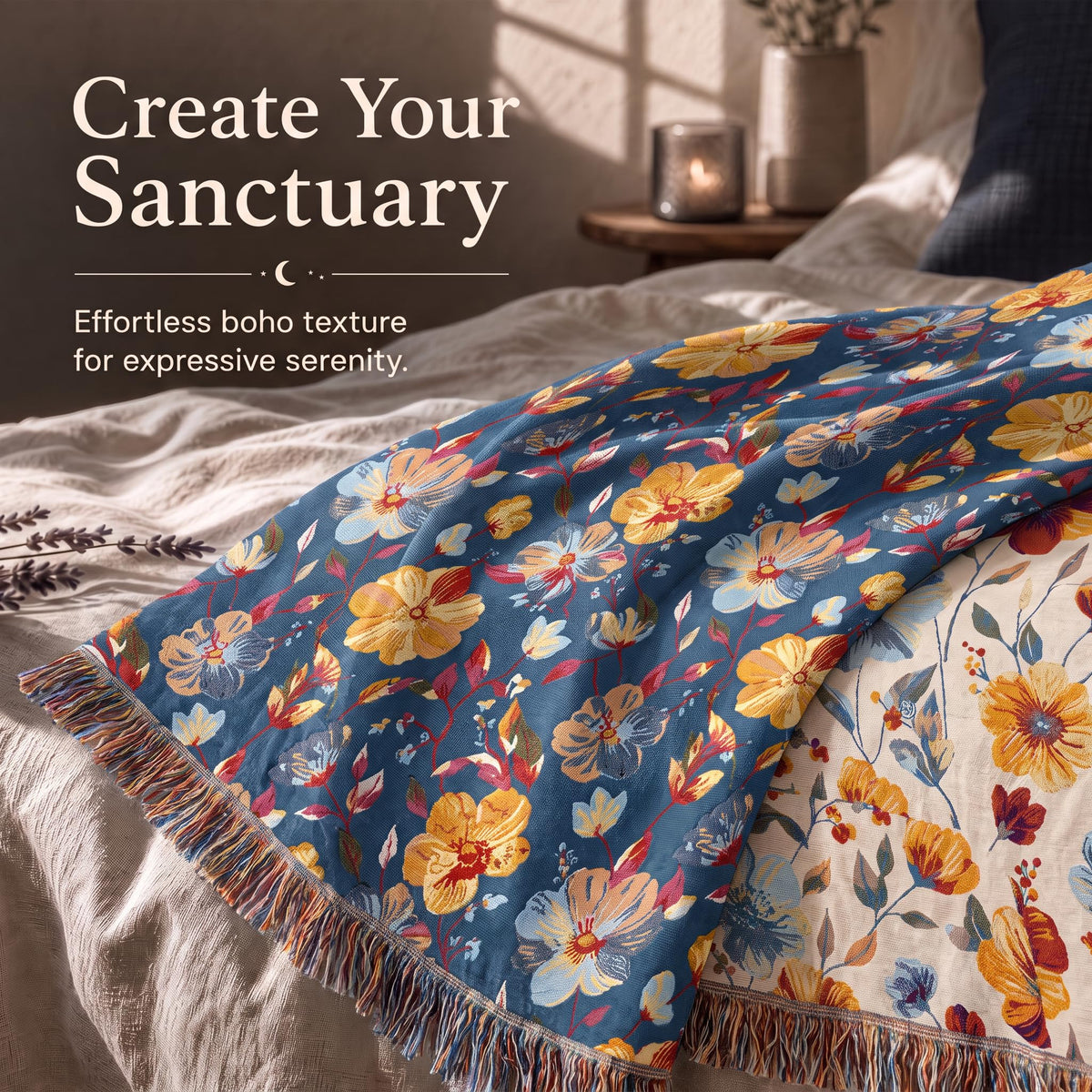 Blue with large red and yellow flowers fringed throw spread across a bed with its contrasting reverse folded back beneath "Create Your Sanctuary".