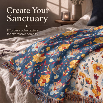 Blue with large red and yellow flowers fringed throw spread across a bed with its contrasting reverse folded back beneath "Create Your Sanctuary".