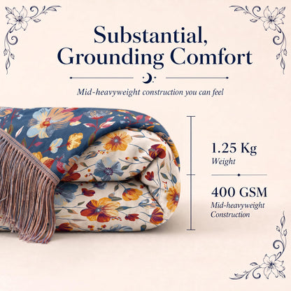 Folded blue with large red and yellow flowers fringed throw in a "Substantial, Grounding Comfort" graphic labeled 1.25 kg and 400 GSM.