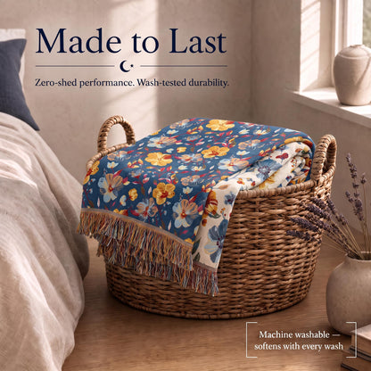 Blue with large red and yellow flowers fringed throw draped over a wicker laundry basket beneath "Made to Last".