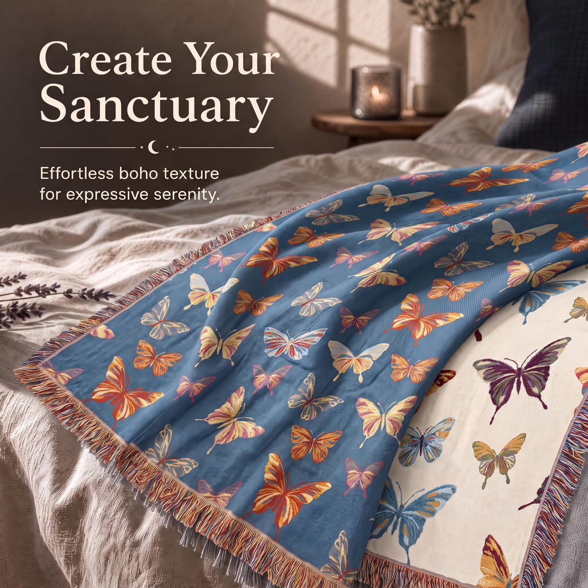 Blue butterfly patterned fringed throw spread across a bed with its contrasting reverse folded back beneath "Create Your Sanctuary".