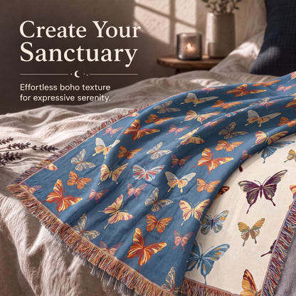 Blue butterfly patterned fringed throw spread across a bed with its contrasting reverse folded back beneath "Create Your Sanctuary".