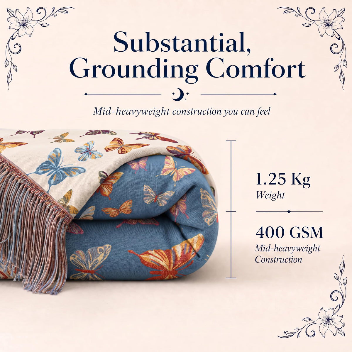 Folded blue butterfly patterned fringed throw in a "Substantial, Grounding Comfort" graphic labeled 1.25 kg and 400 GSM.