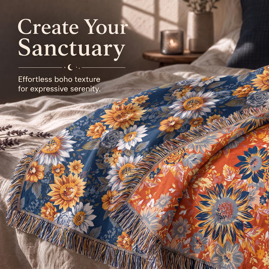 Blue and orange sunflower patterned fringed throw spread across a bed with its contrasting reverse folded back beneath "Create Your Sanctuary".