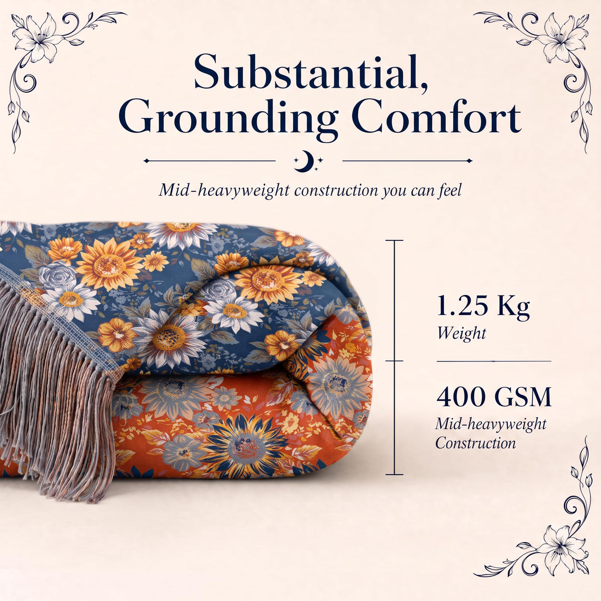Folded blue and orange sunflower patterned fringed throw in a "Substantial, Grounding Comfort" graphic labeled 1.25 kg and 400 GSM.