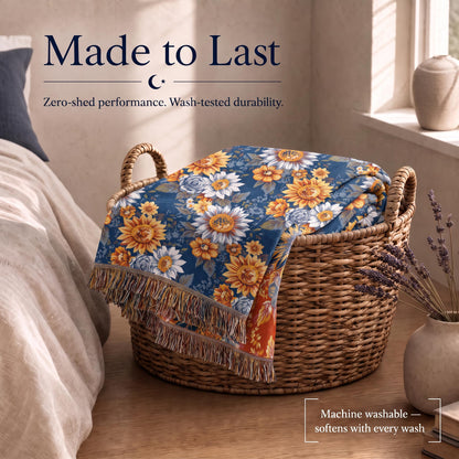 Blue and orange sunflower patterned fringed throw draped over a wicker laundry basket beneath "Made to Last".