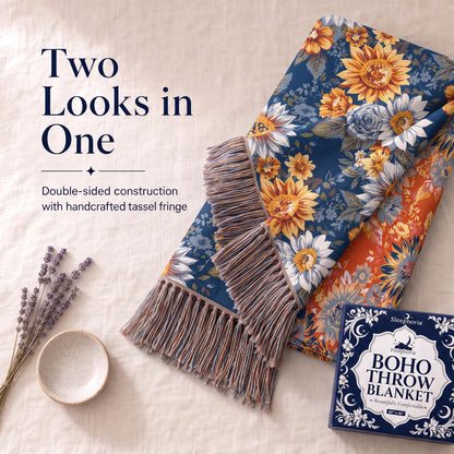 Folded corner of a blue and orange sunflower patterned throw showing its contrasting reverse and fringe beneath "Two Looks in One".