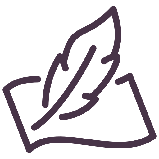 An outline icon of a stylized leaf resting on a folded sheet of paper, set against a solid white background.