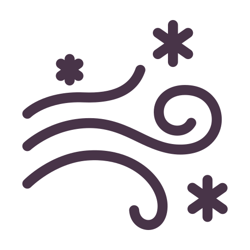 A dark purple line-art icon depicting wind and snow, commonly used to represent a winter setting or air conditioning mode, on a solid white background.